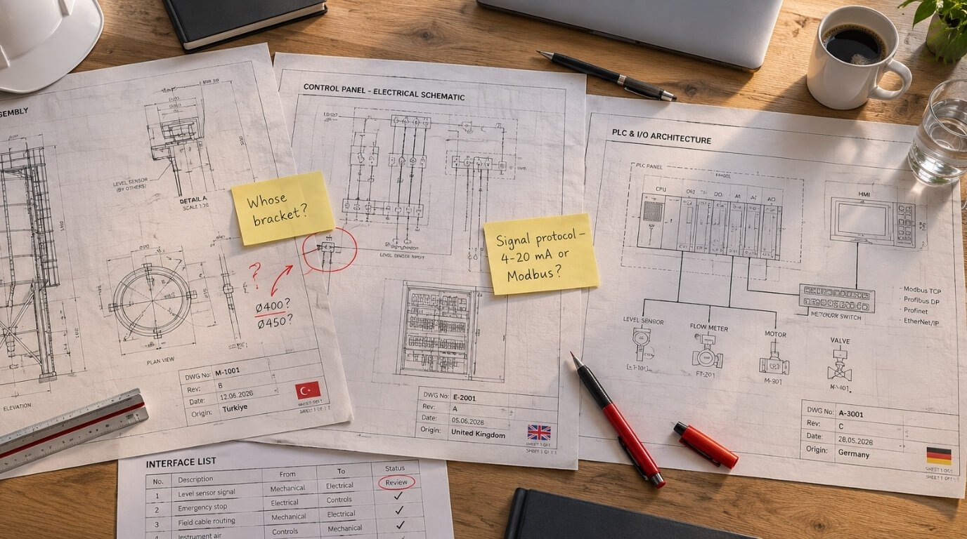 Three technical drawings from three suppliers overlapping on an engineering desk, with sticky notes and a red pencil circle marking the interface points that belong to nobody