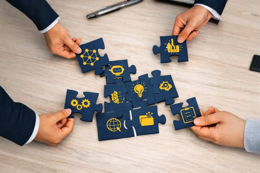 Two pairs of hands assembling navy puzzle pieces with yellow engineering icons for gears, automation, planning and reporting