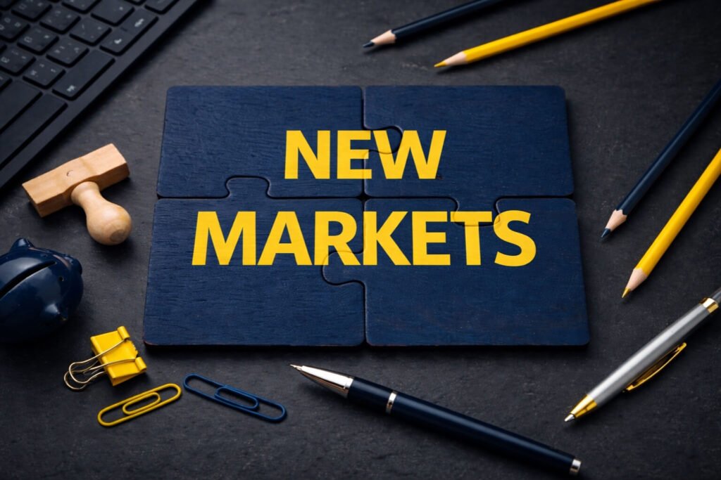 Navy puzzle spelling NEW MARKETS in yellow, on a desk with pencils, paperclips and a hard hat