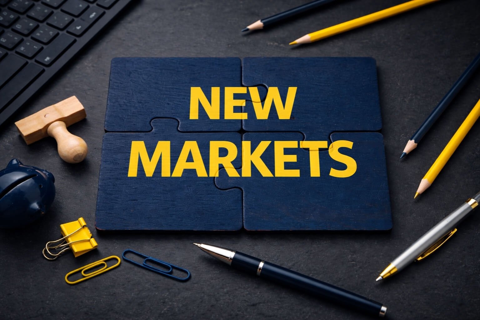 Navy puzzle spelling NEW MARKETS in yellow, on a desk with pencils, paperclips and a hard hat