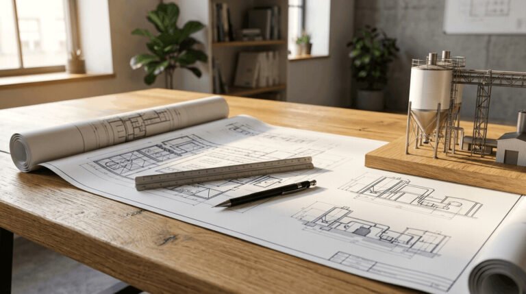 Engineering drawings unrolled on a desk beside a scale model of a silo and conveyor plant