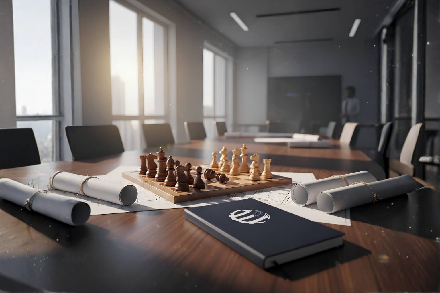 Wooden chessboard beside rolled engineering drawings and a navy notebook stamped with a euro symbol, on a meeting-room table