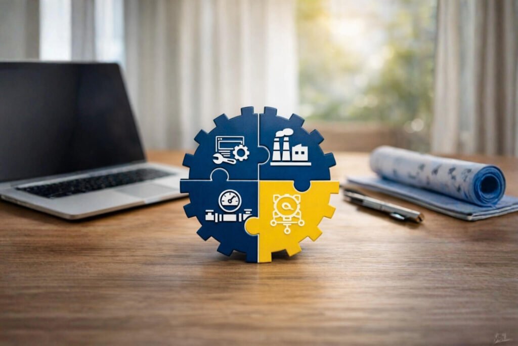 Four-piece gear puzzle in navy and yellow with icons for machinery, plant, instruments and control, on a desk beside a laptop and rolled drawings