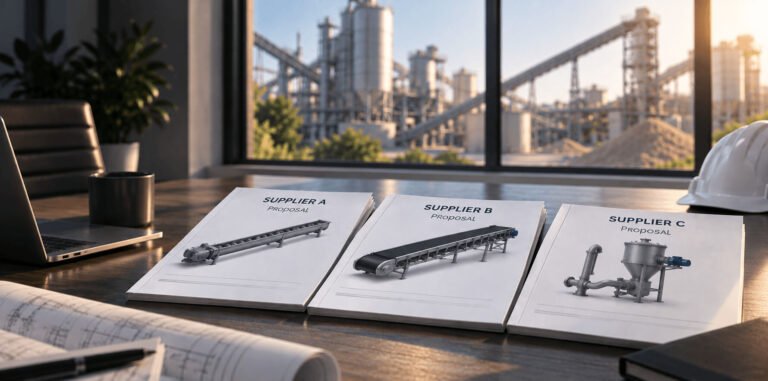 Three supplier proposal documents laid out on a desk with a hard hat, a laptop and a view of an industrial plant through the window