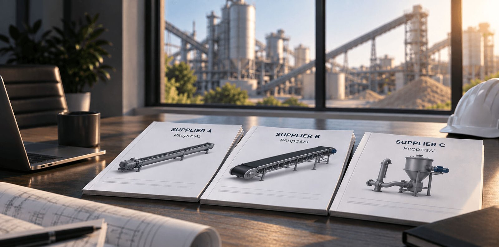 Three supplier proposal documents laid out on a desk with a hard hat, a laptop and a view of an industrial plant through the window