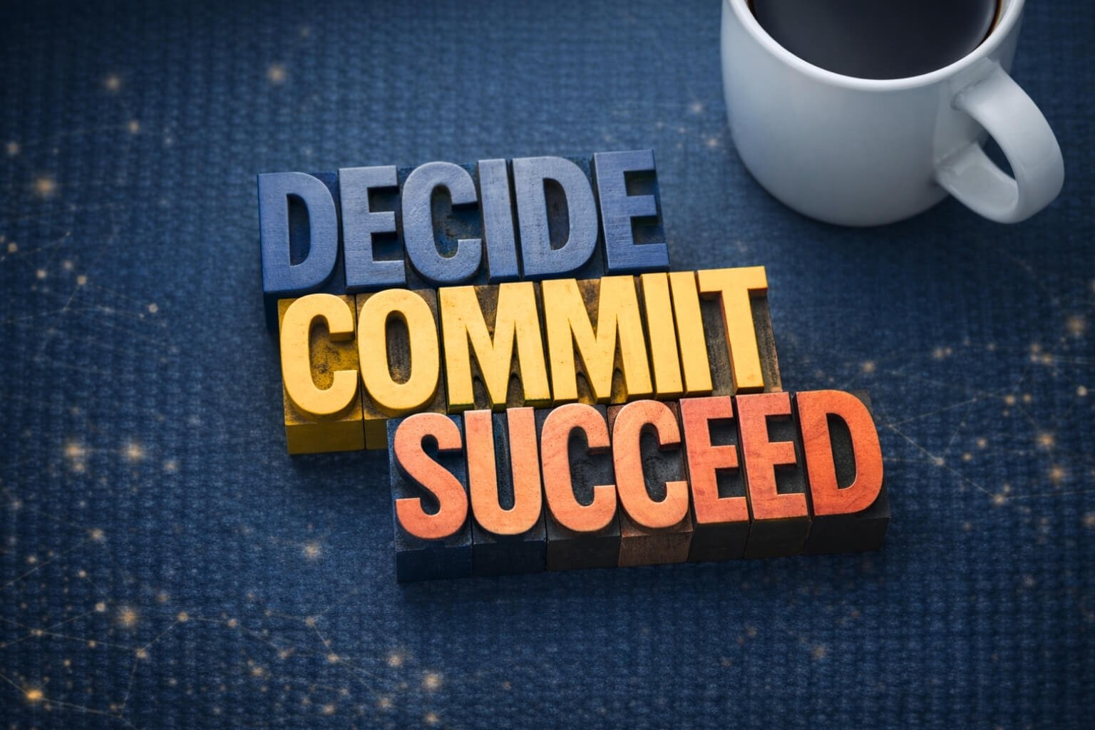 Wooden letterpress tiles spelling DECIDE, COMMIT, SUCCEED on a dark blue background dotted with light points, beside a plain white mug