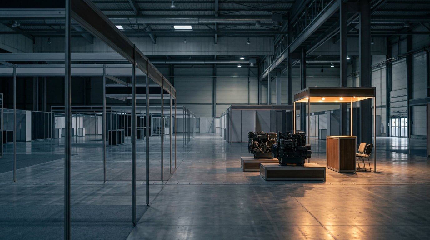 An empty exhibition stand still lit in a darkened trade show hall after the event has closed