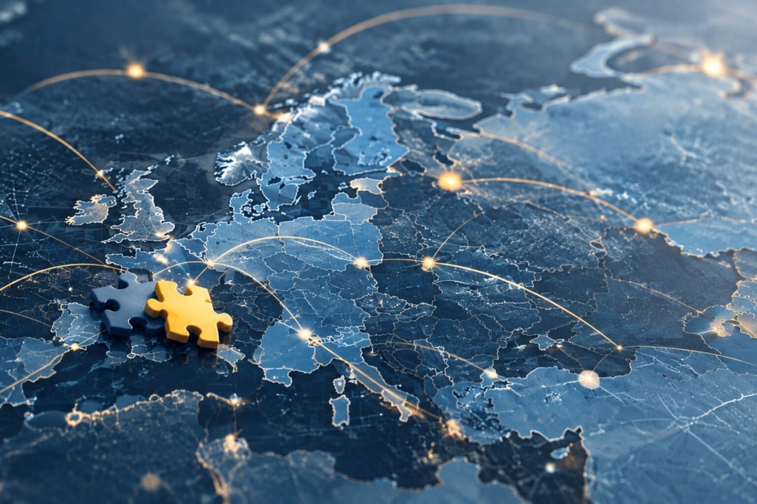 Dark map of Europe with yellow arrows and two puzzle pieces, one blue and one yellow, joining over the continent