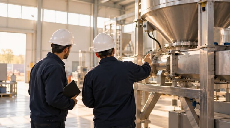 Two engineers in navy jackets and white hard hats, seen from behind in a sunlit industrial hall, one pointing out a component on a stainless steel processing machine